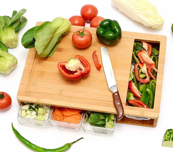 CHEF SUPPLY CO Chopping Board Large Bamboo Cutting Board, 4 Containers, Mobile Holder & Juice Grooves