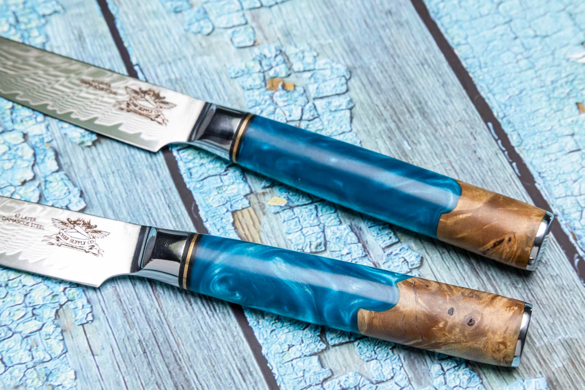 CHEF SUPPLY CO Damascus Steak Knives - Set of 4 - Resin and Wood Burl Handles