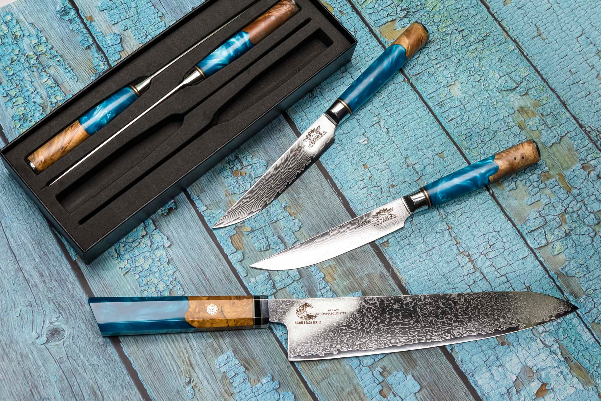 CHEF SUPPLY CO Damascus Steak Knives - Set of 4 - Resin and Wood Burl Handles