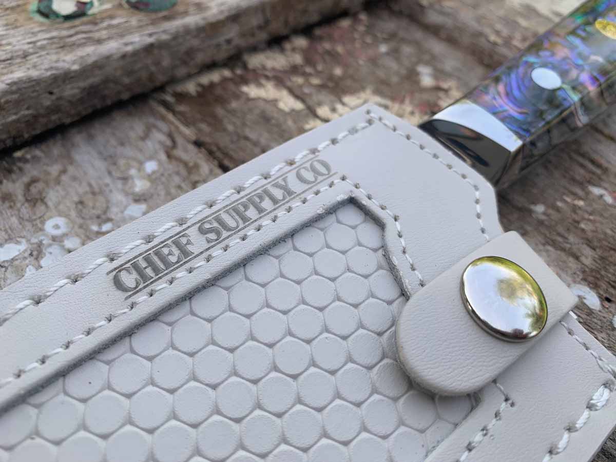 CHEF SUPPLY CO "Sea Creature" Series. 8"-20.6cm 45 Layer Damascus Chef Knife with Full Tang Resin Handle & White Leather Sheath