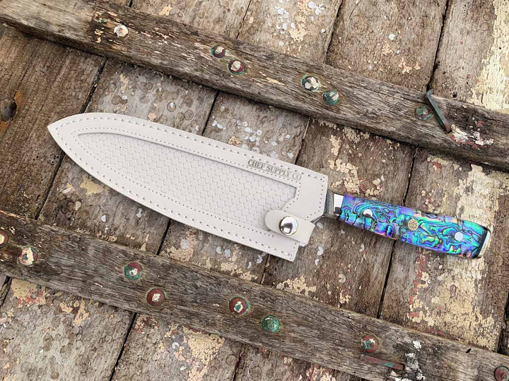 CHEF SUPPLY CO "Sea Creature" Series. 8"-20.6cm 45 Layer Damascus Chef Knife with Full Tang Resin Handle & White Leather Sheath