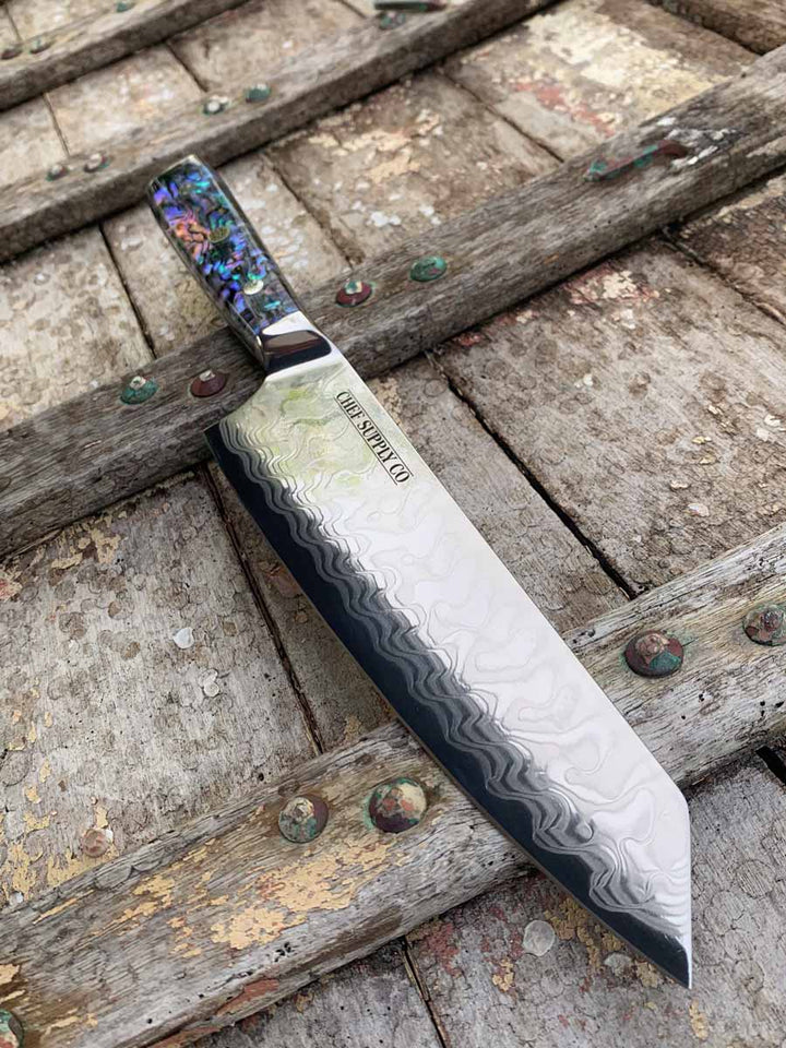 CHEF SUPPLY CO "Sea Creature" Series. 8"-20.6cm 45 Layer Damascus Kiritsuke Chef Knife with Full Tang Resin Handle & White Leather Sheath