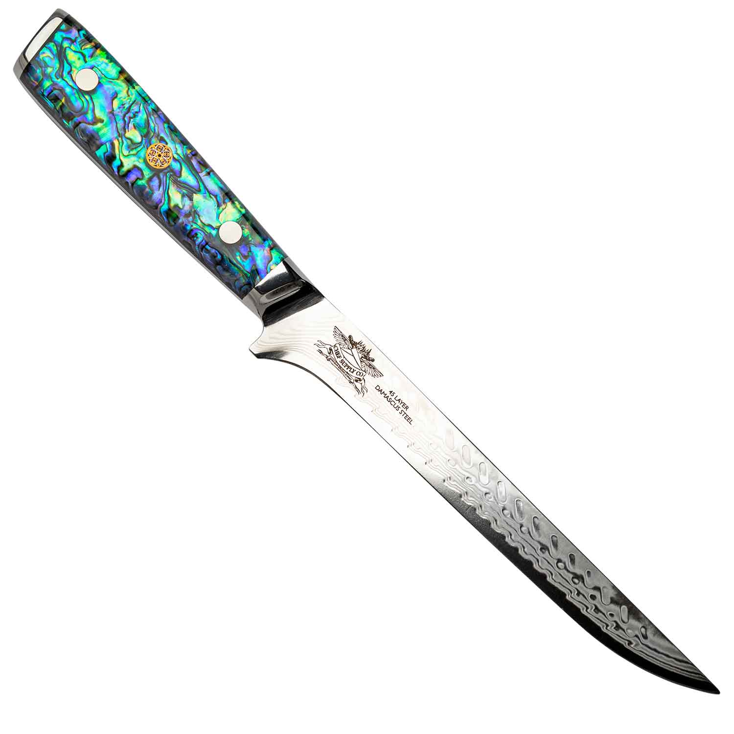 Sea Creature Series Boning & Trimming, Knife. 18 cm - 7 inch 45 Layer AUS-10 Damascus, Resin Handle. (NON FLEXIBLE)