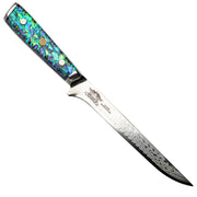 CHEF SUPPLY CO Sea Creature Series Boning, Trimming, Fillet Knife. 45 Layer Damascus, Resin Handle & White Leather Sheath