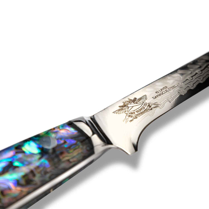 CHEF SUPPLY CO Sea Creature Series Boning, Trimming, Fillet Knife. 45 Layer Damascus, Resin Handle & White Leather Sheath