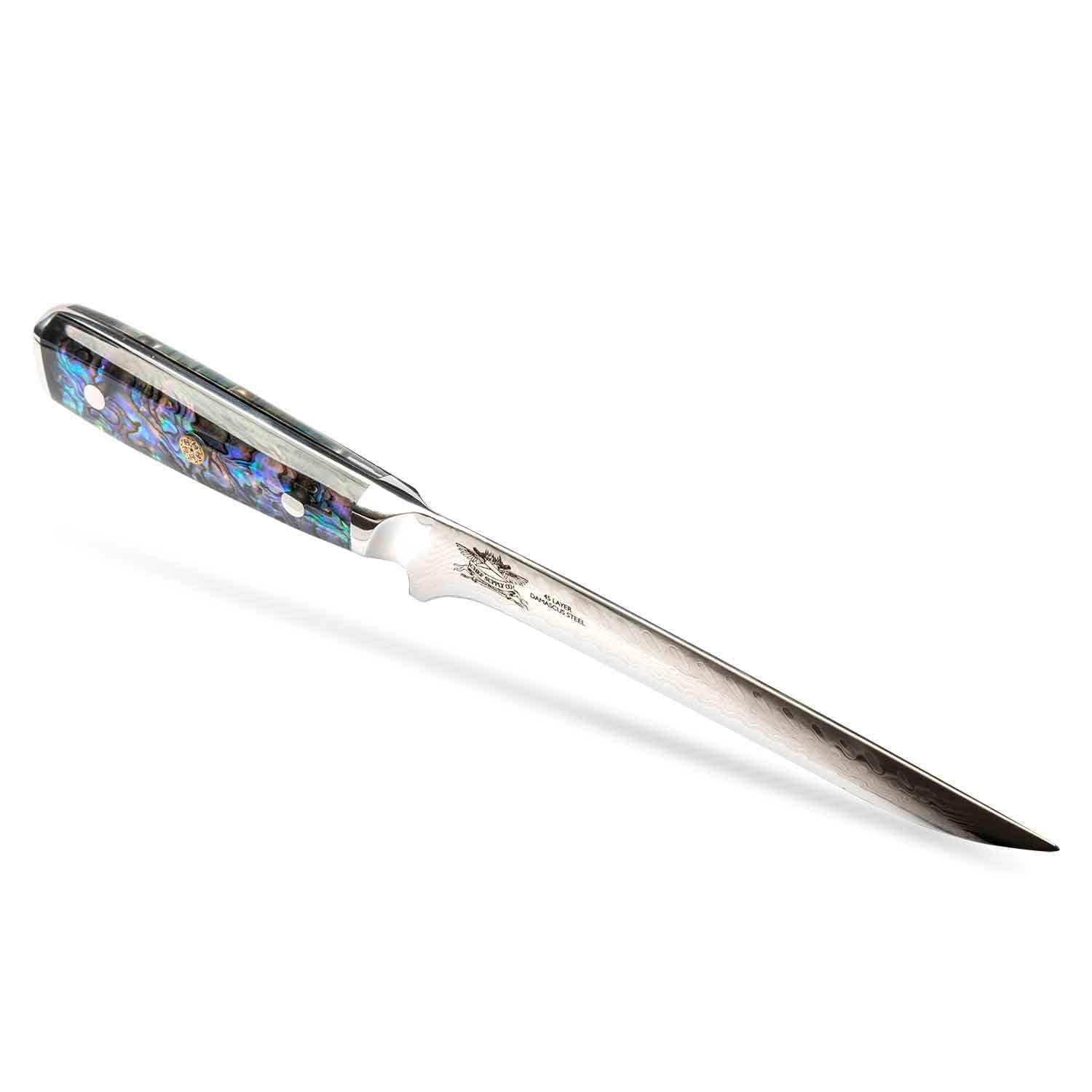 CHEF SUPPLY CO Sea Creature Series Boning, Trimming, Fillet Knife. 45 Layer Damascus, Resin Handle & White Leather Sheath