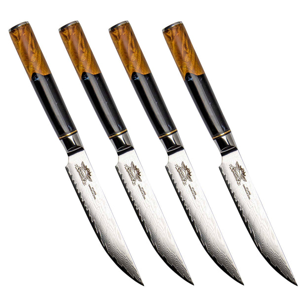 CHEF SUPPLY CO STEAK KNIFE SET Black Beach Series Damascus Steak Knives - Set of 4 - Black Resin and Wood Burl Handles