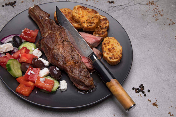 CHEF SUPPLY CO STEAK KNIFE SET Damascus Steak Knives - Set of 4 - Black Resin and Wood Burl Handles
