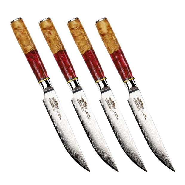 CHEF SUPPLY CO steak knives Blood Beach Series Damascus Steak Knives - Set of 4 - Black Resin and Wood Burl Handles
