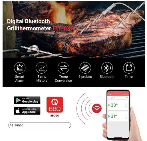 CHEF SUPPLY CO Thermometers Bluetooth Meat Thermometer with 4 Probes, Rechargeable, with Remote Control & Alarm includes iOS or Android App.